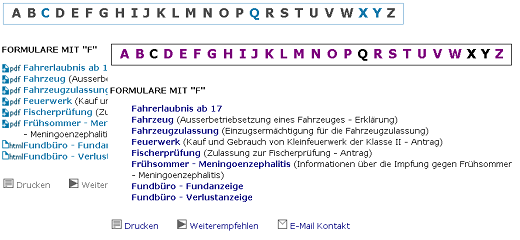 Zwei Darstellungen der gleichen Linkliste; bei Standardfarben sind vorangestellte PDF- und HTML-Symbole sichtbar und im Kontrastmodus nicht