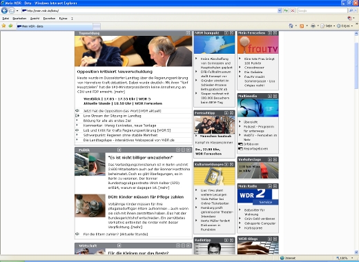 Bildschirmfoto einer Webseite des WDR mit drei Spalten, die jeweils eine unterschiedliche Anzahl an Textblöcken enthalten.