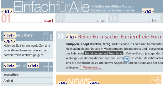 Die Seite einfach-fuer-alle.de mit H1 für Banner, Navigationsbereiche und Inhalte