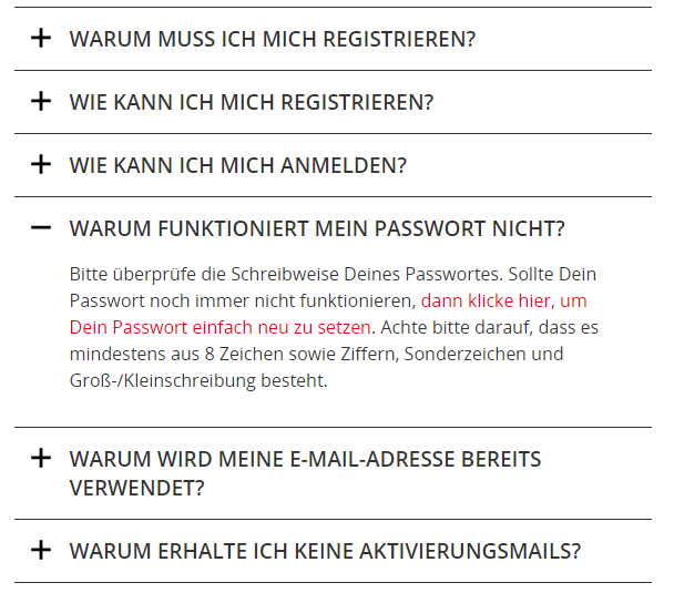 Ein F.A.Q.-Akkordeon mit einem erweiterten Abschnitt.